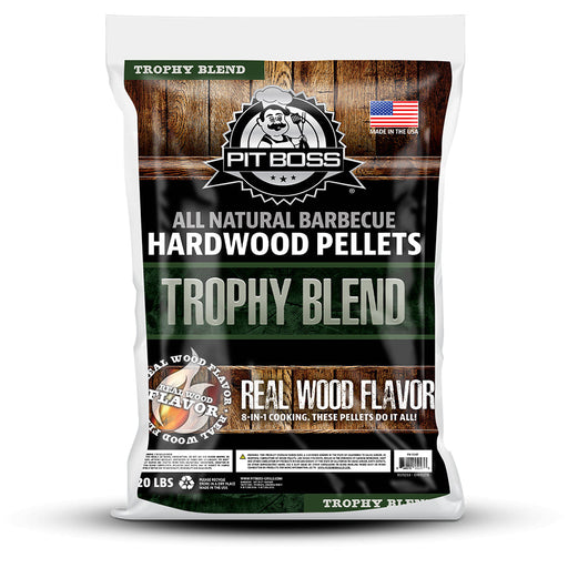 White bag of Pit Boss Trophy Blend all-natural hardwood pellets, 20 lbs.