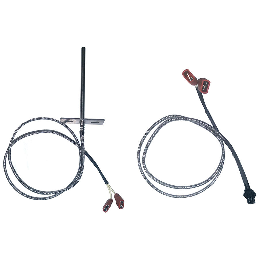 Two black cables with red connectors and metal sheathing, coiled and displayed.