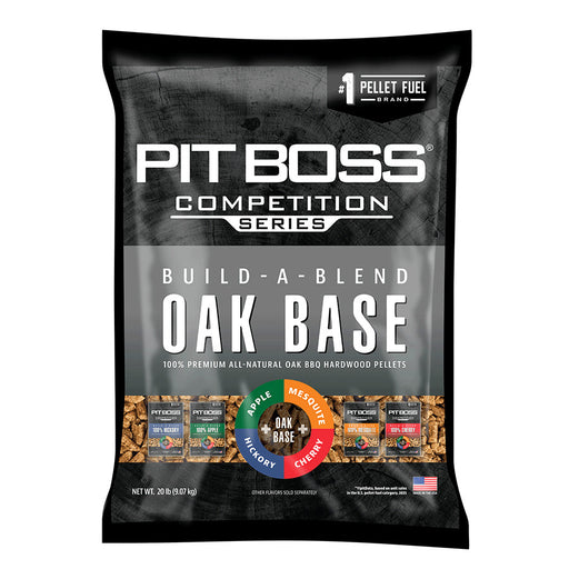 Pit Boss Competition Series Oak Base BBQ hardwood pellets, 20 lb bag, black with bold white text and wood pellet images.