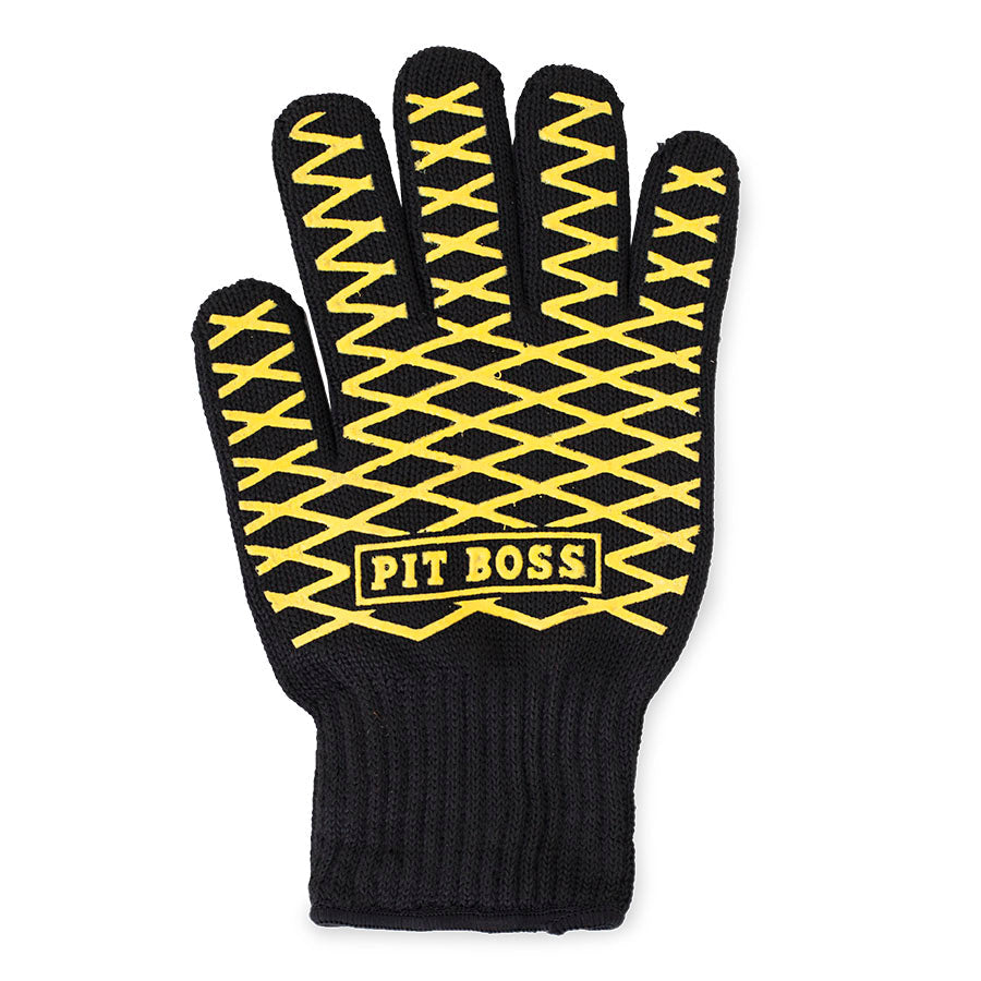 Black glove with yellow grip detailing and pit boss lettering