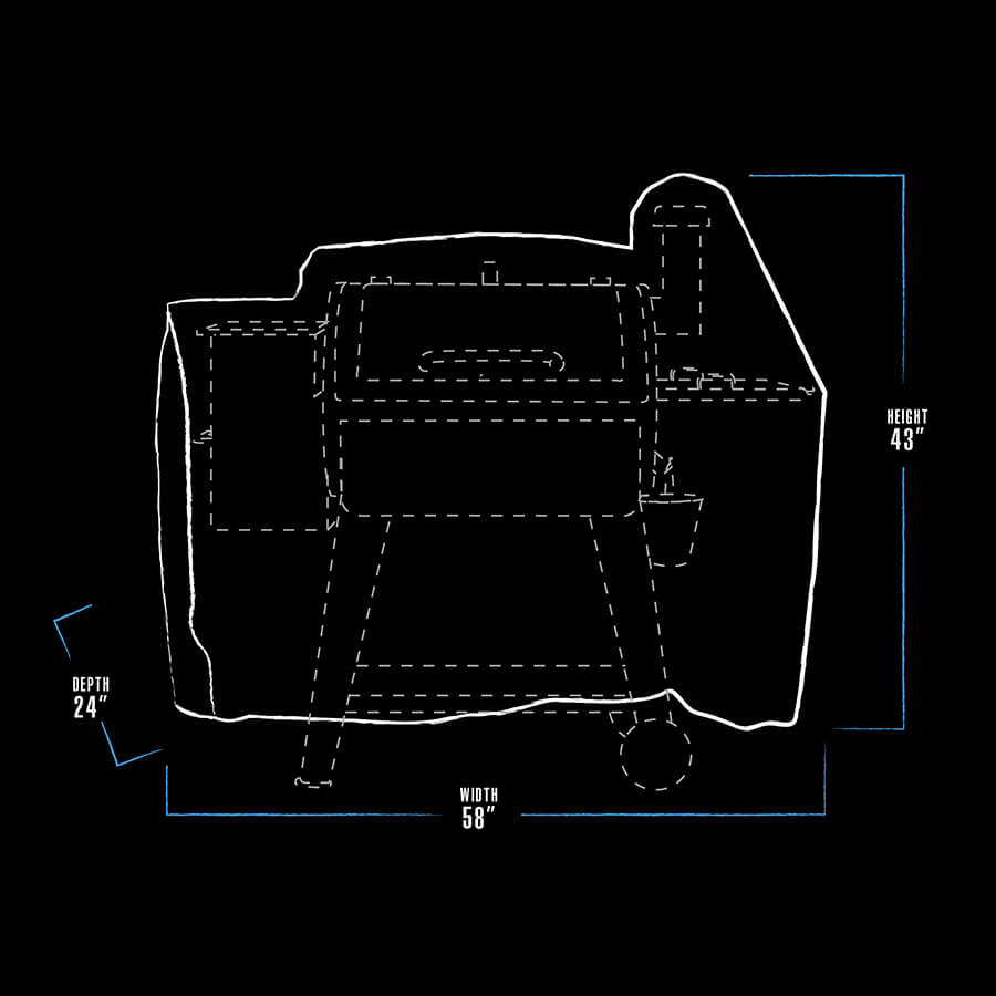 Diagram of a white outline showing dimensions: 58" width, 24" depth, 43" height.
