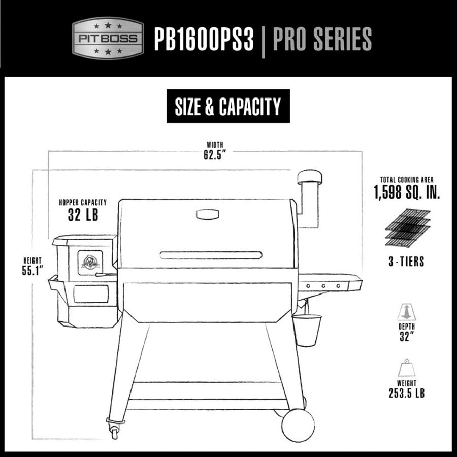 Pit Boss PB1600PS3 Pro Series charcoal grill, 62.5" wide, 55.1" tall, 32" deep, 253.5 lb, 3-tier cooking area, 1,598 sq. in.