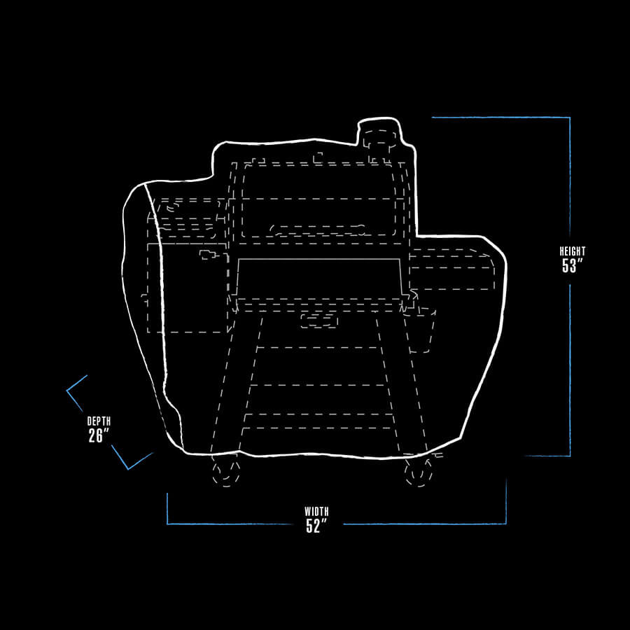 White outline of a modern chair with dimensions: 52" wide, 26" deep, 53" high.