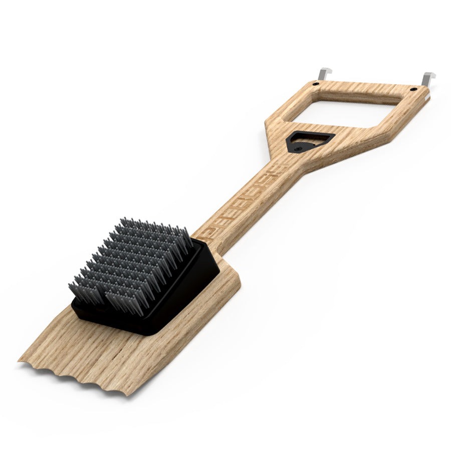 Wooden grill brush with black bristles and bottle opener, hanging hook.