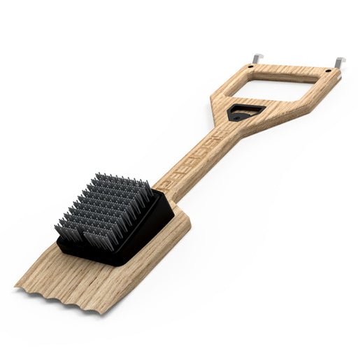 Wooden grill brush with black bristles and bottle opener, hanging hook.