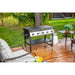 Black and stainless steel outdoor gas grill with four burners and side shelves.