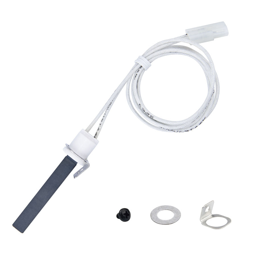 White thermocouple with black probe, coiled wire, and mounting hardware.