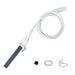 White thermocouple with black probe, coiled wire, and mounting hardware.