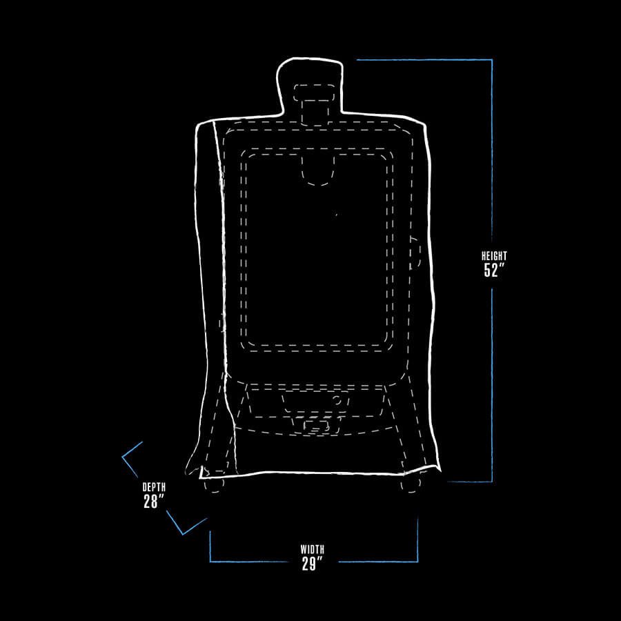 "White outline of a backpack with dimensions: height 52", width 29", depth 28"."