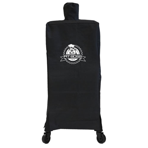 Black Pit Boss grill cover with wheels and brand logo.