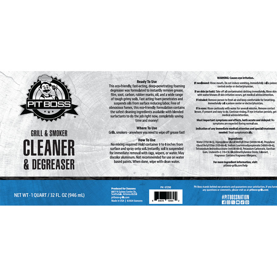 Black and white Pit Boss Grill & Smoker Cleaner & Degreaser label, 32 fl. oz. bottle.