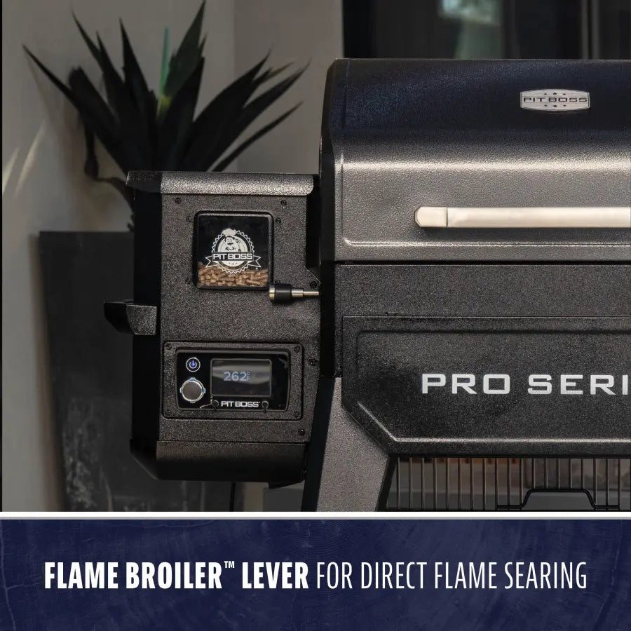 Black Pit Boss Pro Series grill with Flame Broiler lever for direct flame searing.