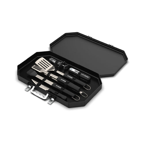 Pit Boss 6 Piece Barbecue Toolset with Case. All black case with silver handle. Case open wide.