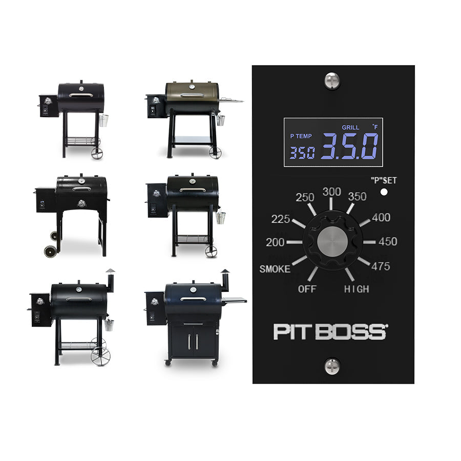 Black Pit Boss grill with digital control panel and temperature settings.