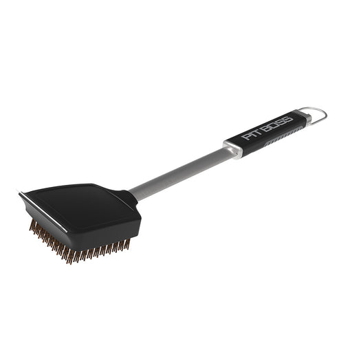 Black Pit Boss grill brush with metal handle and bristles.