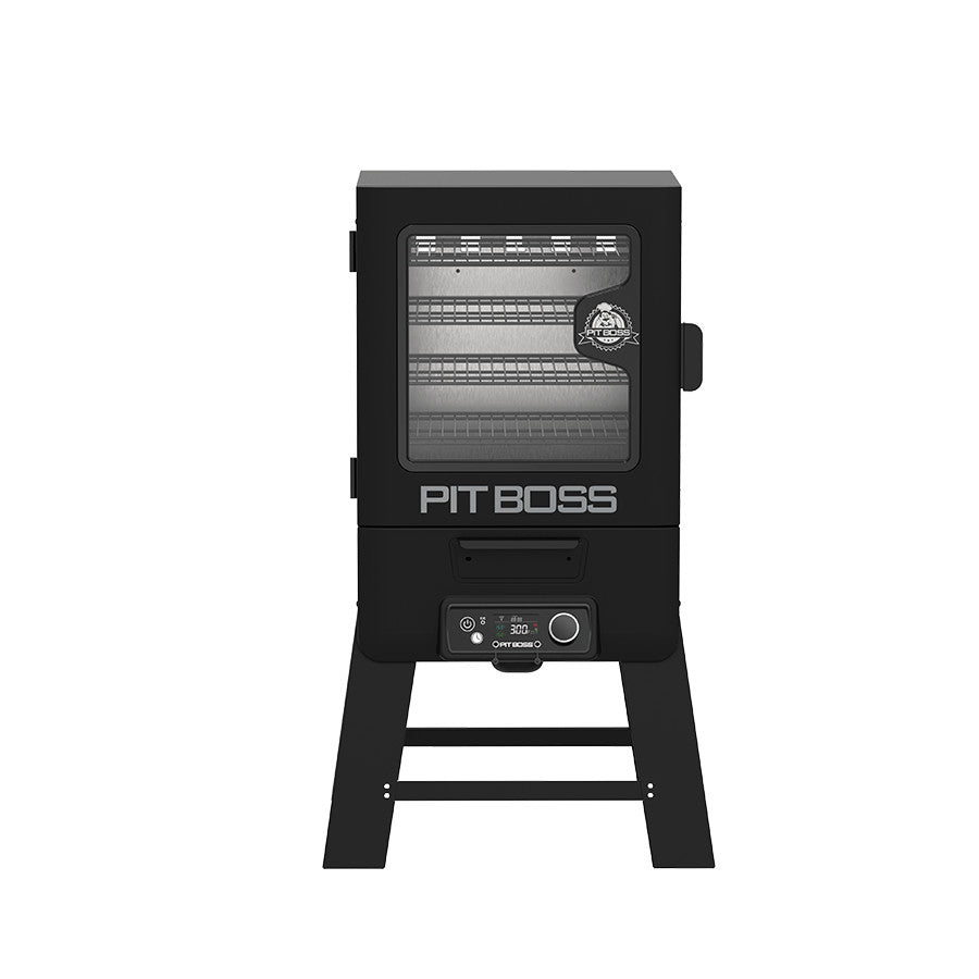 Black Pit Boss smoker with glass door, digital control panel, and multiple cooking racks. Sturdy legs for stability.