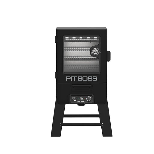 Black Pit Boss smoker with glass door, digital control panel, and multiple cooking racks. Sturdy legs for stability.
