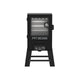 Black Pit Boss smoker with glass door, digital control panel, and multiple cooking racks. Sturdy legs for stability.