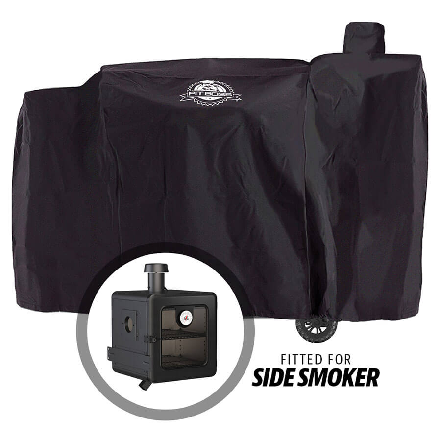 Black Pit Boss side smoker cover with fitted design.