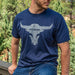Navy Pit Boss t-shirt with bull skull graphic.