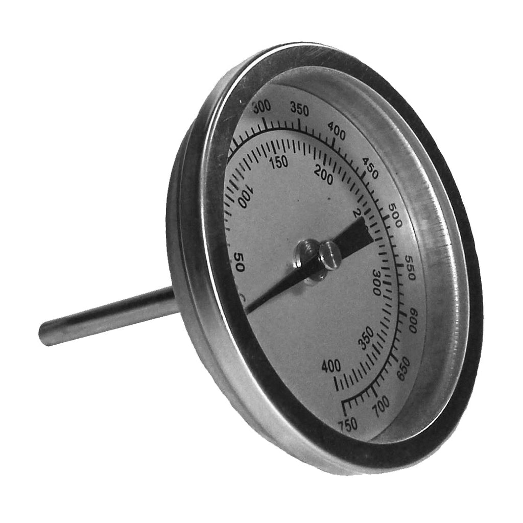 Silver dial thermometer with temperature scale from 50 to 750 degrees.