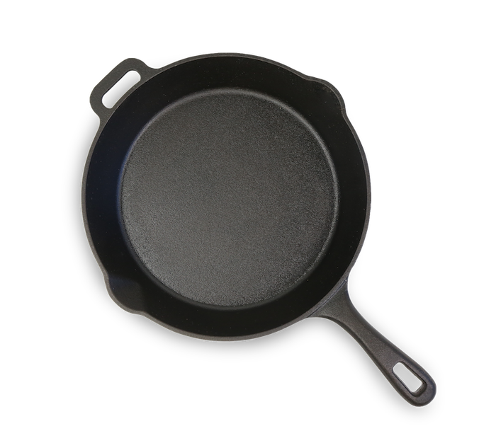 Black cast iron skillet with two handles.