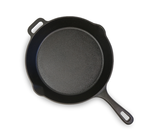 Black cast iron skillet with two handles.