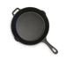 Black cast iron skillet with two handles.