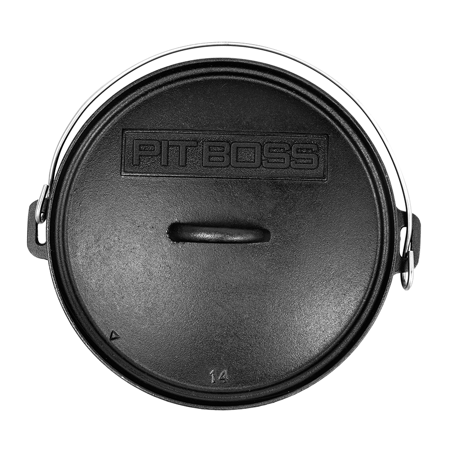 Black Pit Boss cast iron Dutch oven lid with handles and "14" marking.