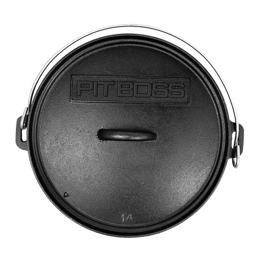 Black Pit Boss cast iron Dutch oven lid with handles and "14" marking.