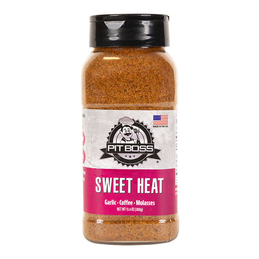 Brown Pit Boss Sweet Heat seasoning blend, garlic-coffee-molasses flavor, 13.4 oz.