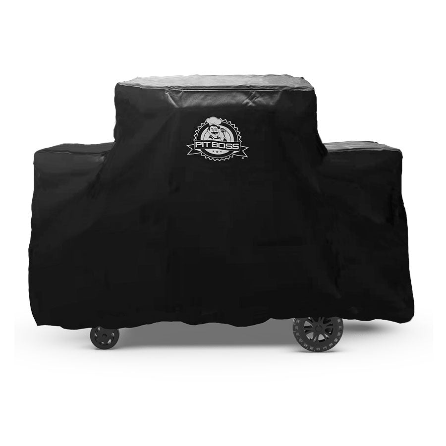 Black Pit Boss grill cover with wheels and logo.