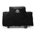 Black Pit Boss grill cover with wheels and logo.