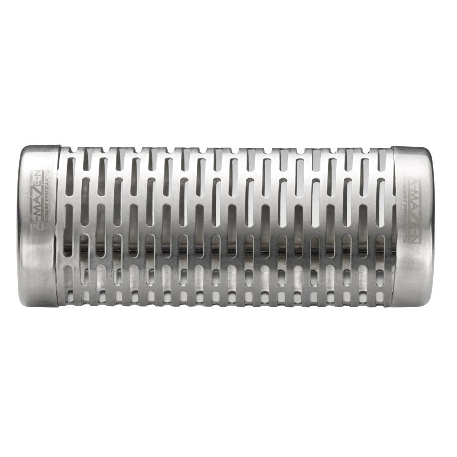 Stainless steel smoker tube with vertical slots, cylindrical shape, used for adding smoke flavor to grilled foods.