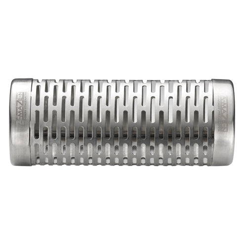 Stainless steel smoker tube with vertical slots, cylindrical shape, used for adding smoke flavor to grilled foods.