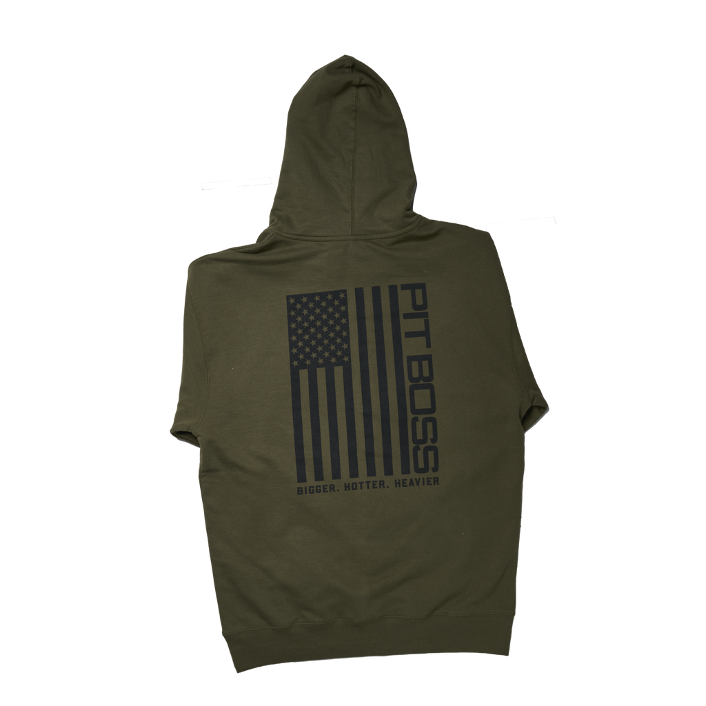 Olive green hoodie with "PIT BOSS" and "BIGGER. HOTTER. HEAVIER" text, featuring an American flag design.