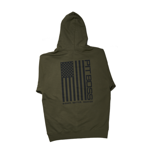 Olive green hoodie with "PIT BOSS" and "BIGGER. HOTTER. HEAVIER" text, featuring an American flag design.