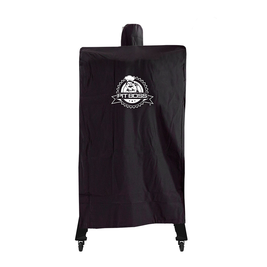 Black Pit Boss grill cover with logo and wheels.