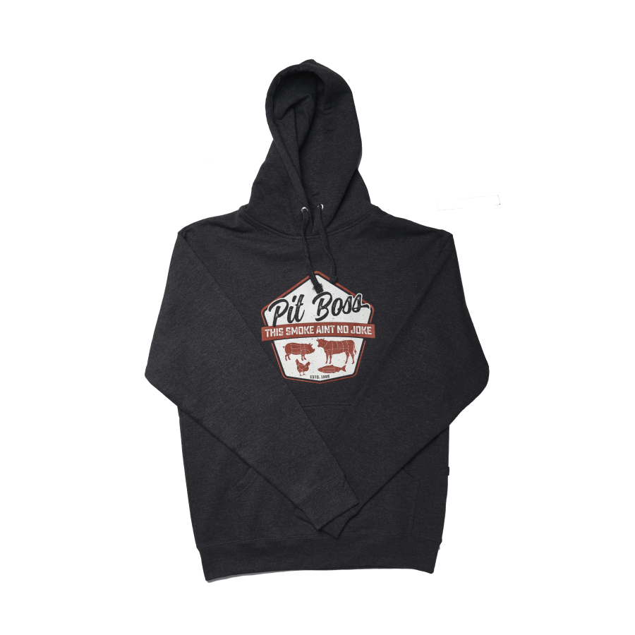 Black hoodie with "Pit Boss" and "This Smoke Ain't No Joke" design.