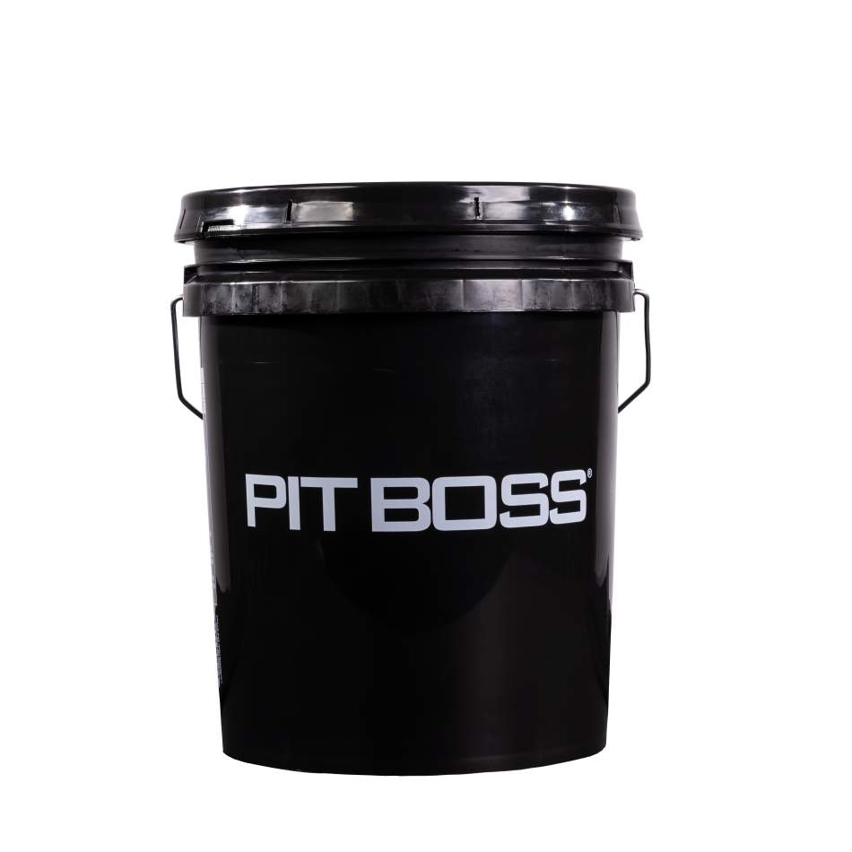 Pit Boss 5-Gallon Pellet Storage Bucket. Black bucket with Large Pit Boss logo in middle, back side
