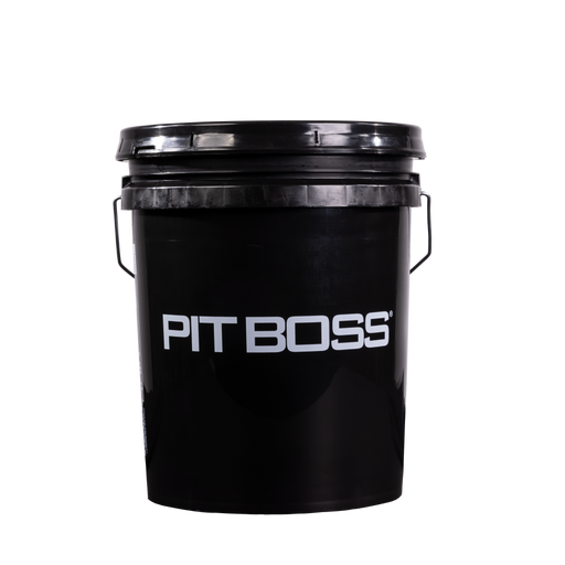 Pit Boss 5-Gallon Pellet Storage Bucket. Black bucket with Large Pit Boss logo in middle, back side