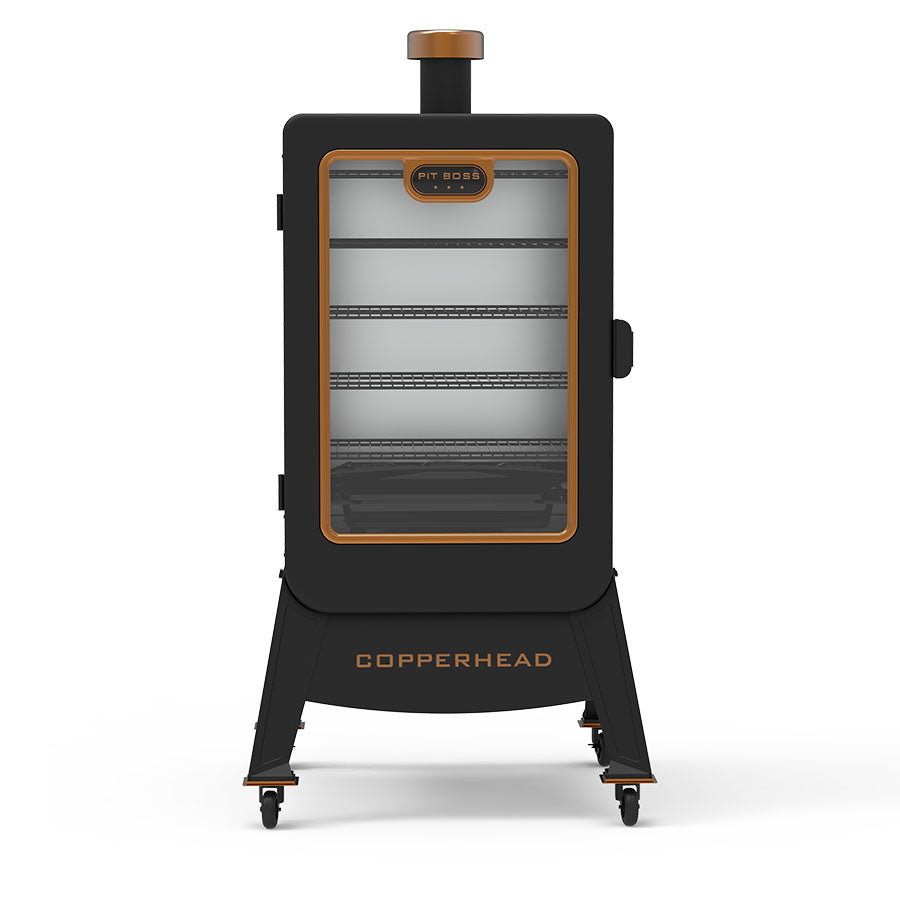Black Pit Boss Copperhead smoker with glass door and wheels.