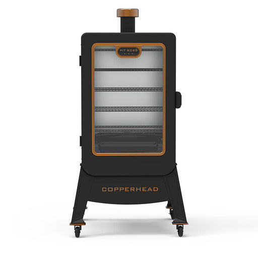 Black Pit Boss Copperhead smoker with glass door and wheels.