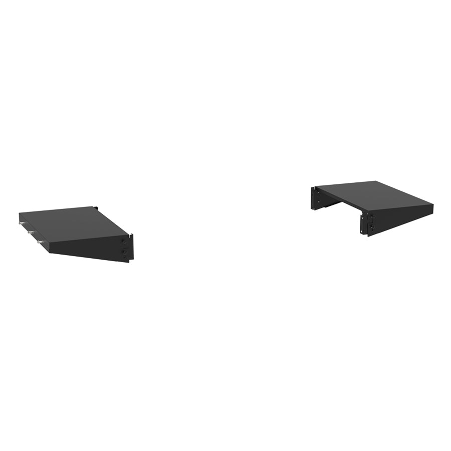 Black wall-mounted shelves, modern design, adjustable brackets.