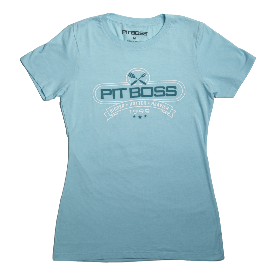 Light blue Pit Boss t-shirt with "Bigger, Hotter, Heavier 1999" design.