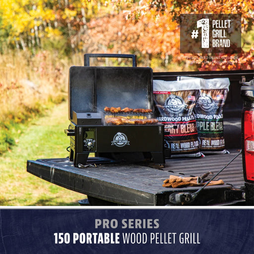 Black Pro Series 150 Portable Wood Pellet Grill with food cooking.