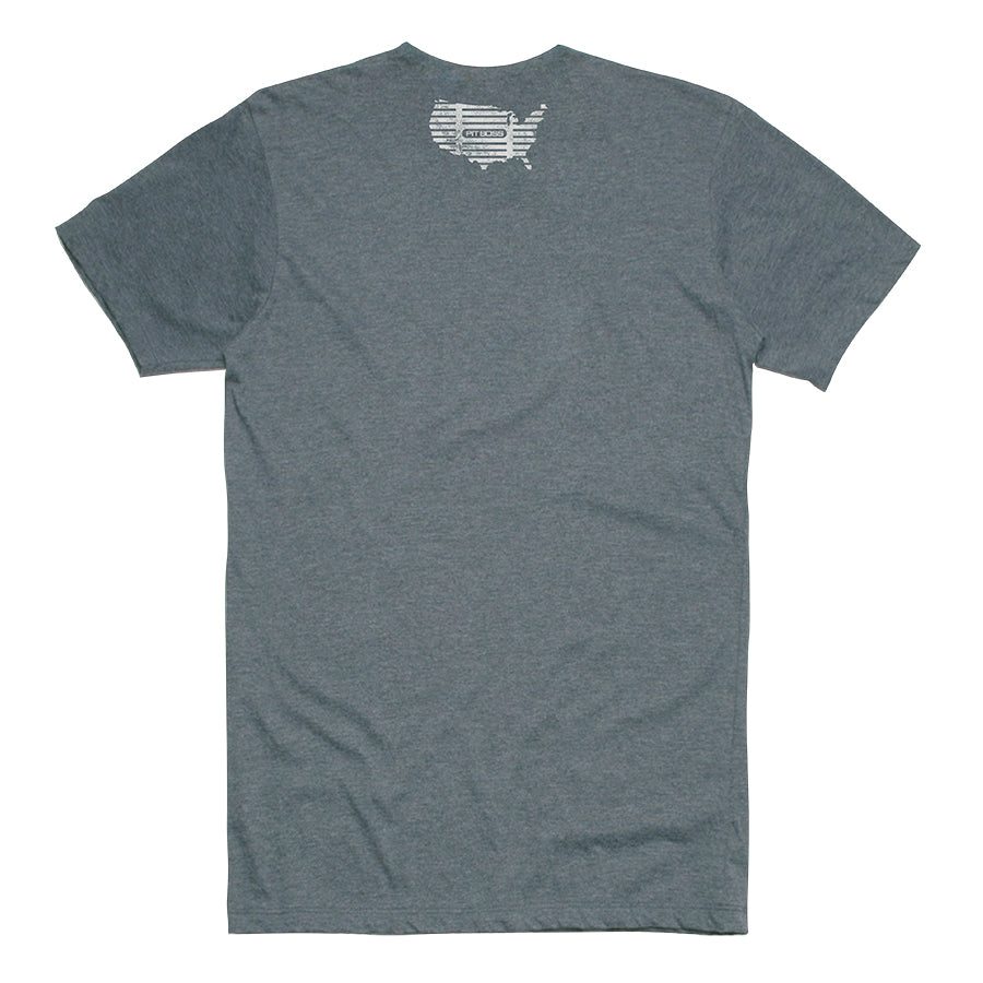 Dark gray short-sleeve t-shirt with USA map design on back.