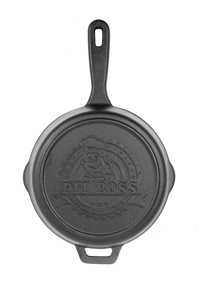 Black Pit Boss cast iron skillet with handle and logo.