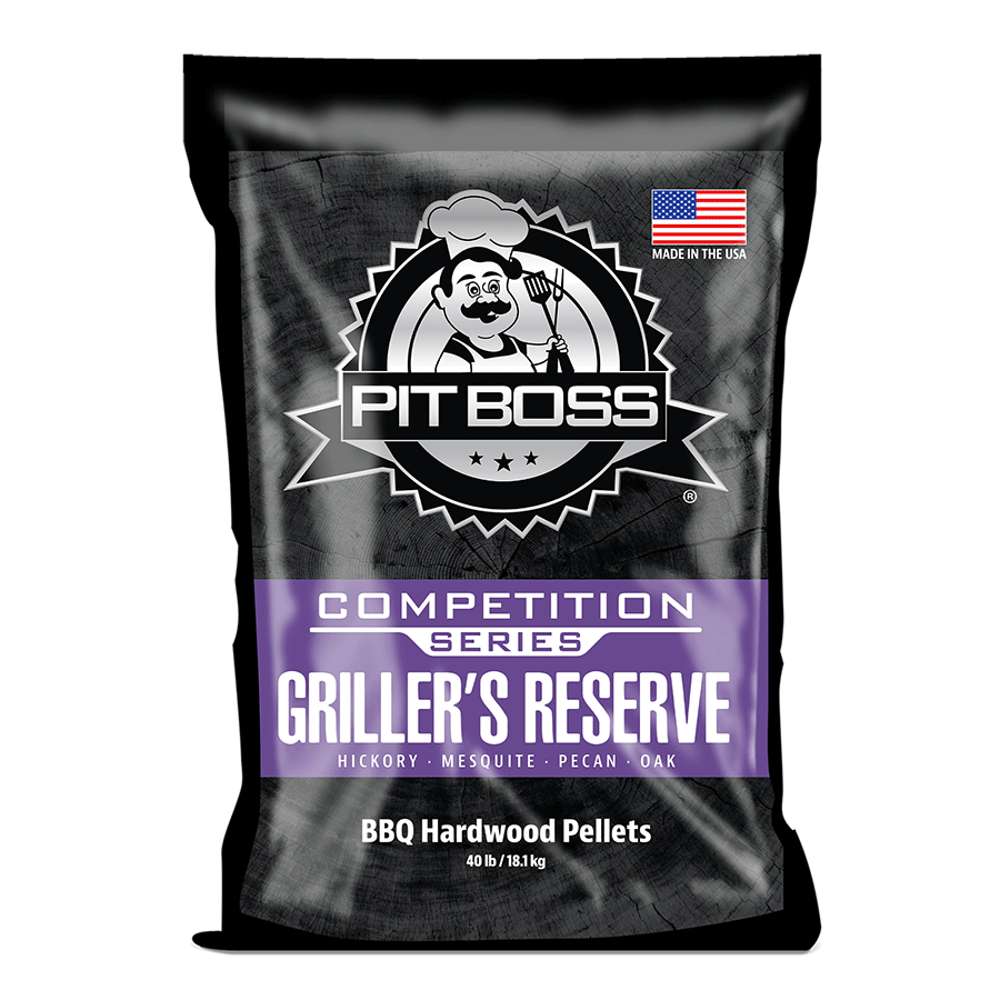 Pit Boss Griller’s Reserve BBQ Hardwood Pellets, 40 lb bag. Hickory, mesquite, pecan, oak blend. Black and purple packaging.