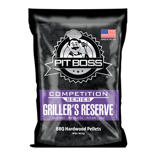 Pit Boss Griller’s Reserve BBQ Hardwood Pellets, 40 lb bag. Hickory, mesquite, pecan, oak blend. Black and purple packaging.